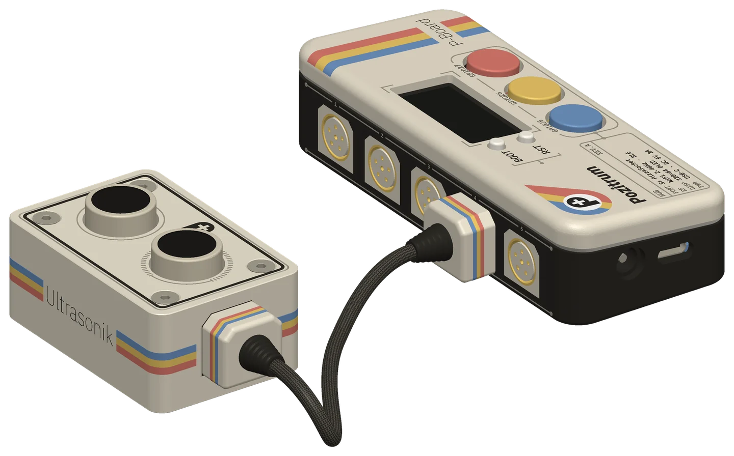 Ultrasonic block connected to a P-Board socket with a PizzaCable