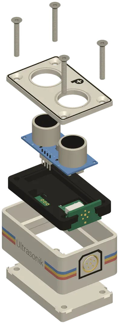 Exploded view of the ultrasonic block: screws, lid, HC-SR04 module, PoziTag and case