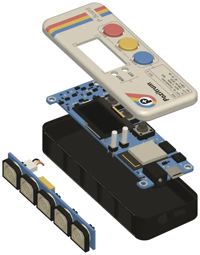 Exploded view of the P-Board: lid, circuit board, bottom case and socket row